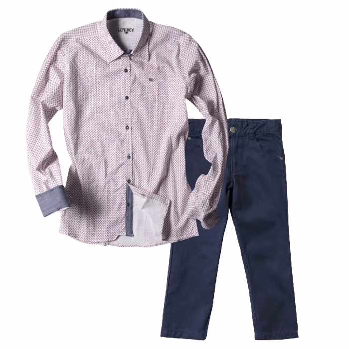 Παιδικό πουκάμισο για αγόρια LifeBoy Άσπρο Εμπριμέ αγορίστικο μοντέρνο ποιοτικό για εξόδους | Παιδικό παντελόνι για αγόρια Sandy Kids μπλε αγορίστικα καλά παντελόνια μοντέρνα παιδικά ρούχα online ετών 