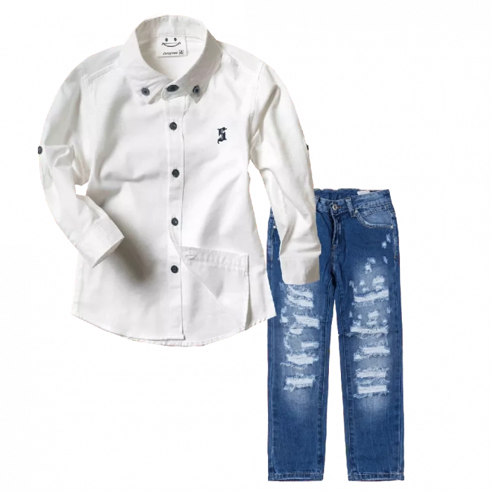 Παιδικό πουκάμισο για αγόρια Sandy Kids άσπρο αγορίστικα κοντομάνικο μακρυμάνικο μοντέρνα παιδικά ρούχα online χρονών online | Παιδικό παντελόνι Online για αγόρια Vogue μπλε καθημερινό άνετο κάζουαλ σκισμένο βόλτα ετών online (1) 