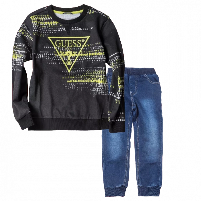 Παιδική μπλούζα GUESS για αγόρια Code Μαύρο καθημερινές επώνυμες μακρυμάνικες μπλούζες online 1 | Παιδικό παντελόνι New College για αγόρια Jogger Jean μπλε  καθημερινό άνετο σχολείο βόλτα ετών online (1) 