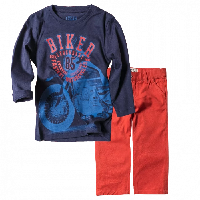 Παιδική μπλούζα Losan για αγόρια Biker Μπλε επώνυμες οικονομικές μπλούζες αγορίστικες online | Παιδικό παντελόνι New College για αγόρια Intense Κοραλί αγορίσικα ελληνικά μοντέρνα παντελόνια 