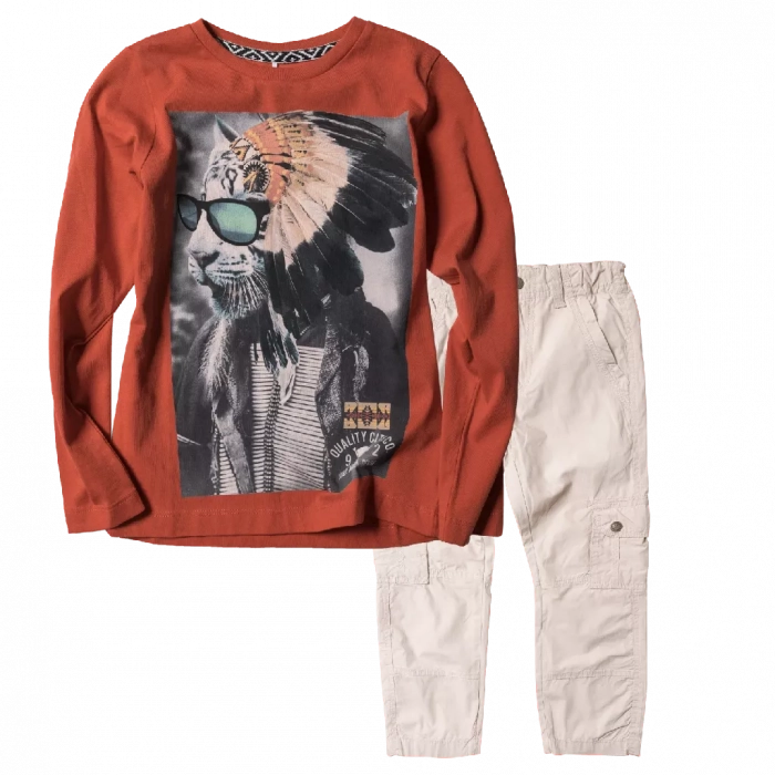 Παιδική μπλούζα Νame it για αγόρια Indian Tiger Πορτοκαλί αγορίστικη επώνυμη με στάμπα τίγρης ινδιάνος εποχιακή | Παιδικό παντελόνι για αγόρια Art μπεζ μοντέρνα άνετα καλοκαιρινά παντελόνια για αγόρια ετών Online 