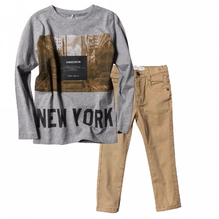Παιδική μπλούζα Name it για αγόρια New York Γκρι αγορίστικη με σταμπα φοβερή εποχιακή | Παιδικό παντελόνι Minoti για αγόρια Will μπεζ επώνυμα παιδικό ρούχο αγορίστικο τζιν Jean μοντέρνο online 
