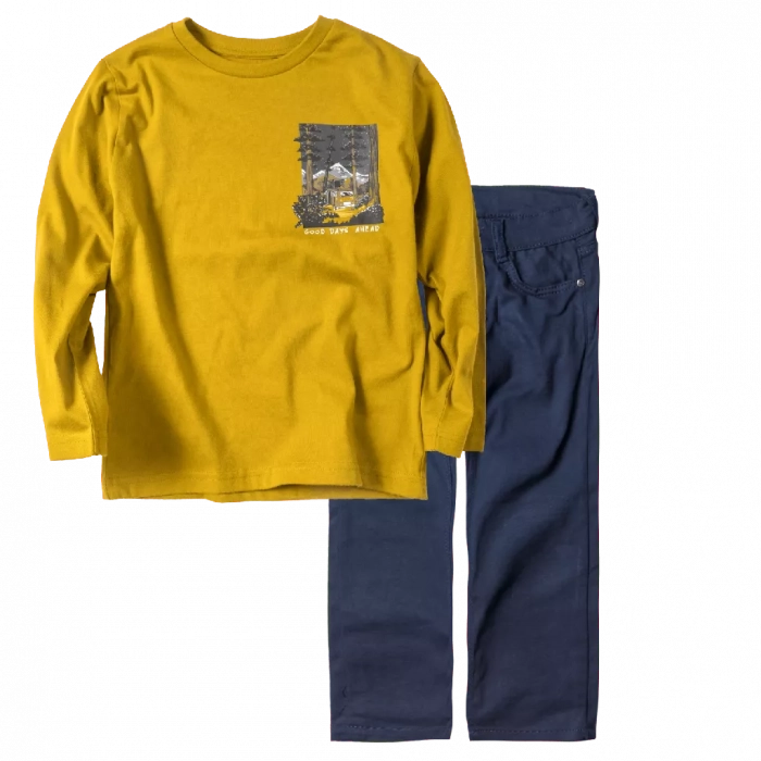 Παιδική μπλούζα Mayoral για αγόρια GoodDays ahead μουσταρδί λεπτές μπλούζες αγορίστικες μακρυμάνικες επώνυμες | Παιδικό παντελόνι για αγόρια Royal Μπλε αγορίστικα μοντέρνα υφασμάτινα παντελόνια 