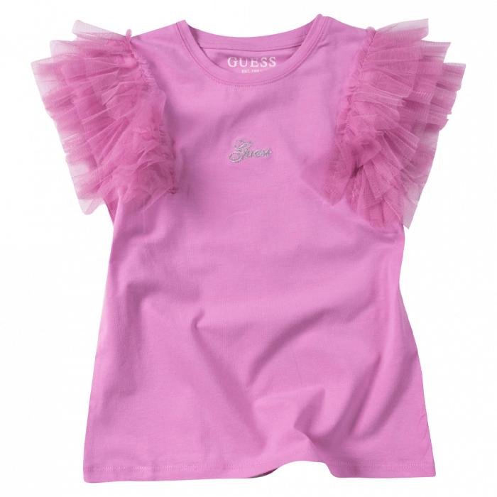 Παιδική μπλούζα Guess για κορίτσια Fair ροζ καλοκαιρινές επώνυμες ετών casual online