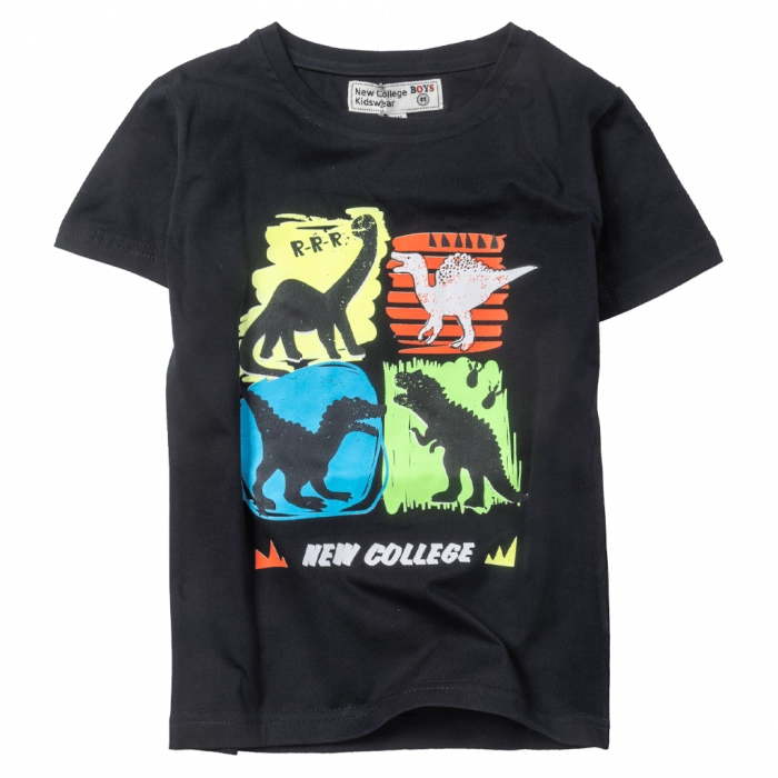 Παιδική μπλούζα New College για αγόρια Dinosaurs μαύρο καλοκαιρινές κοντομάνμικες μπλούζες αγοριστίκες με δεινόσαυρους (1)