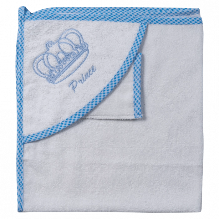 Βρεφική μπουρνουζοπετσέτα για αγόρια prince crown άσπρο γαλάζιο βαμβακερές παιδικές πετσέτες με γάντι μπάνιο