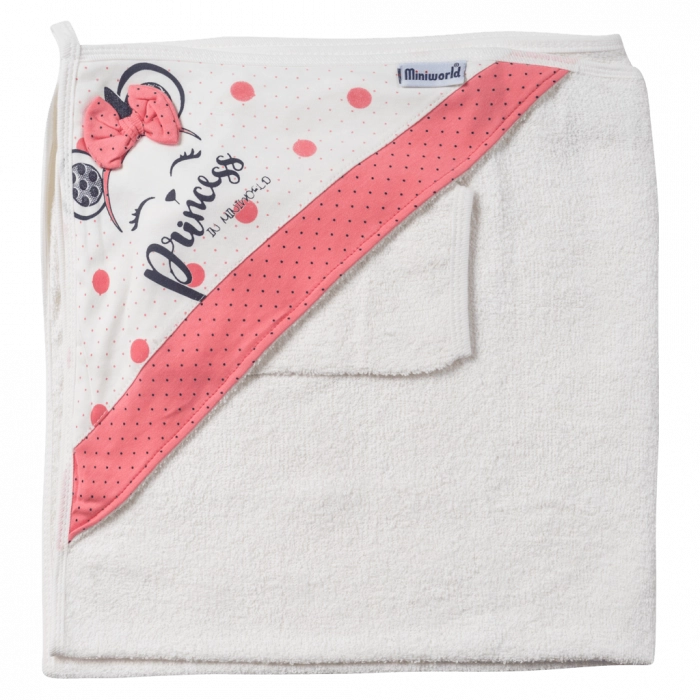 Βρεφική μπουρνουζοπετσέτα για κορίτσια mini princess άσπρο σομόν βαμβακερές παιδικές πετσέτες με γάντι μπάνιο