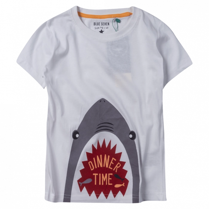 Παιδικήμπλούζα Blue seven για αγόρια dinner time άσπρο μπλούζες κοντομάνικες με καρχαρίες καλοκαρινές ετών