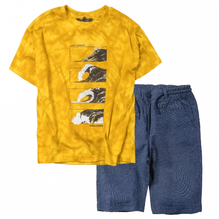 Παιδική μπλούζα Mayoral για αγόρια waves κίτρινο tshirt μακό κοντομάνικα επώνυμα ετών online | Παιδική βερμούδα Mayoral για αγόρια fiber μπλε υφασμάτινες βερμούδες ετών ελληνικές Online 