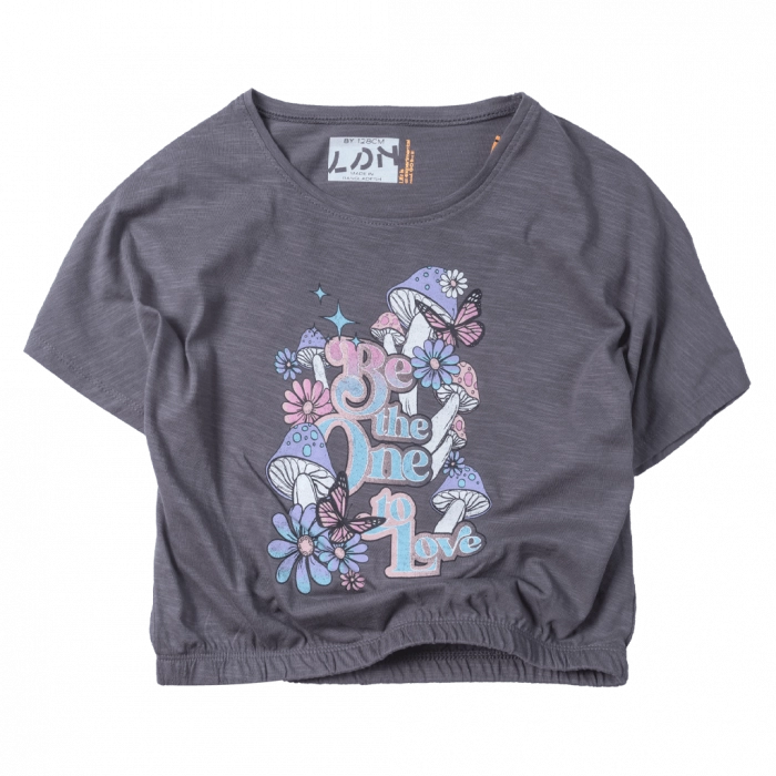 Παιδική μπλούζα Losan για κορίτσια Be the love ανθρακί κοντομάνικες καλοκαιρινές crop επώνυμες ετών online (1)