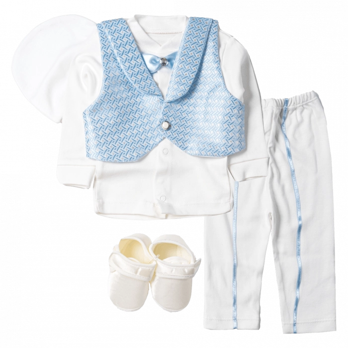 Βρεφικό σετ για νεογέννητα αγόρια Triangle Σιέλ αγορίστικο μπλούζα γιλέκο παπούτσια δώρο μωράκια νεογέννητα (1)