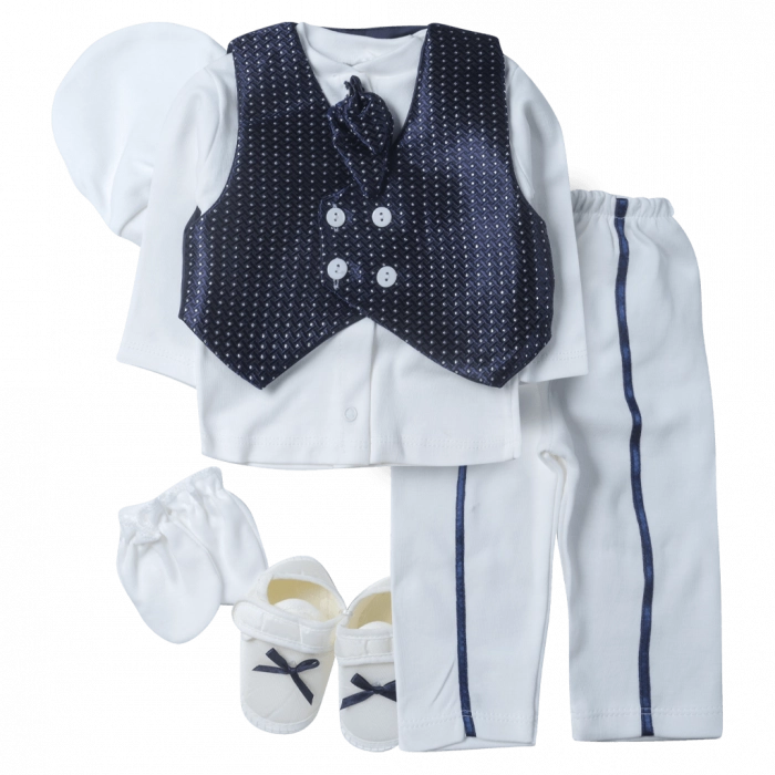 Βρεφικό σετ για νεογέννητα αγόρια Throne Μπλε Πουά αγορίστικο μπλούζα γιλέκο παπούτσια online (1)