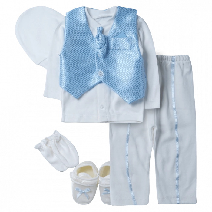 Βρεφικό σετ για νεογέννητα αγόρια Design Σιέλ αγορίστικο μπλούζα γιλέκο παπούτσι online (1)