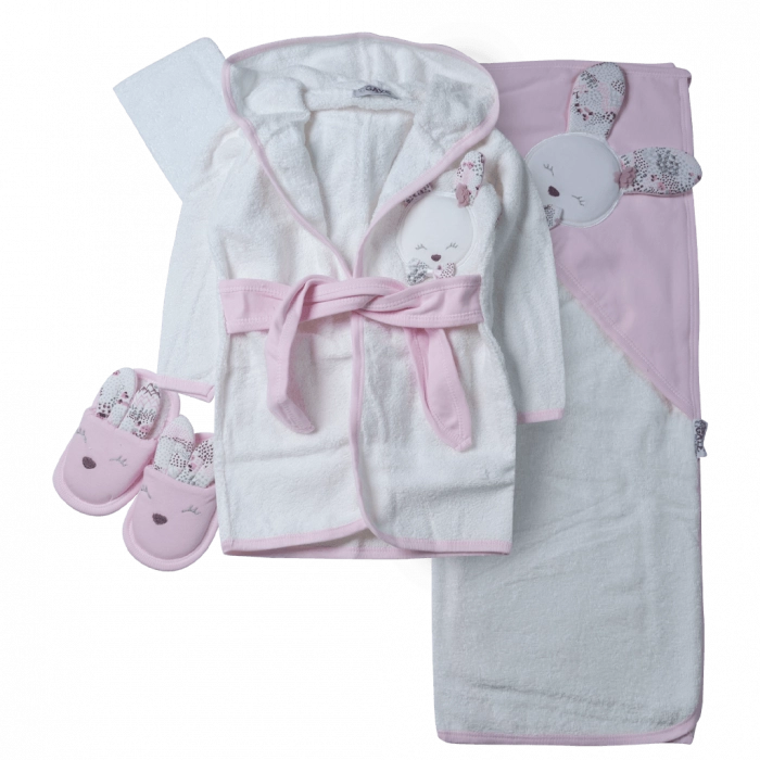 Παιδικό σετ 4 τεμαχίων για κορίτσια Rabbit Ροζ  μπουρνούζια πετσέτες παντόφλες παιδικά (1)