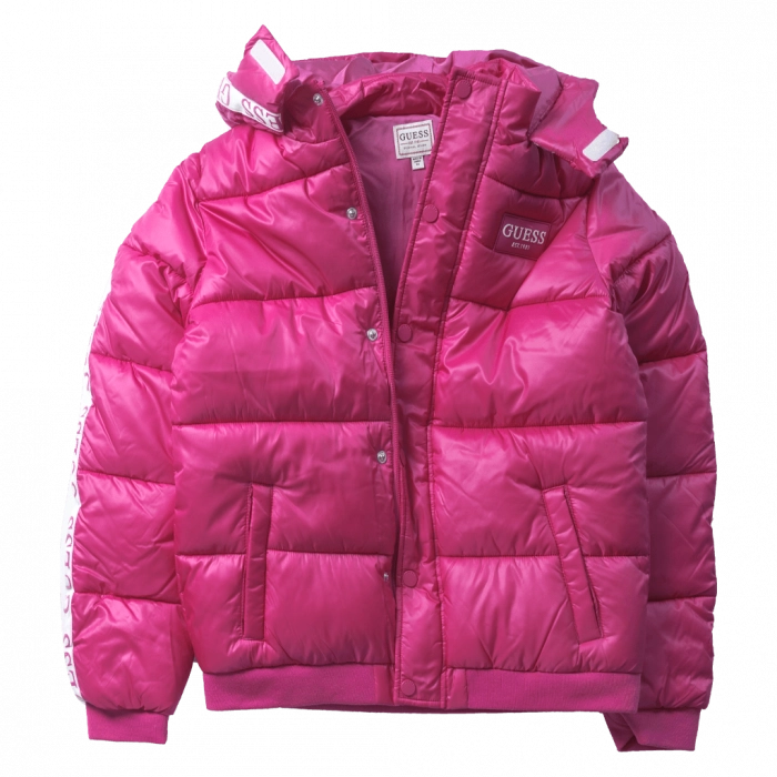 Παιδικό μπουφάν Guess για κορίτσια Gloy φούξια online επώνυμο ζεστό κουκούλα σχολείο χειμωνιάτικο άνετο ετών (1)