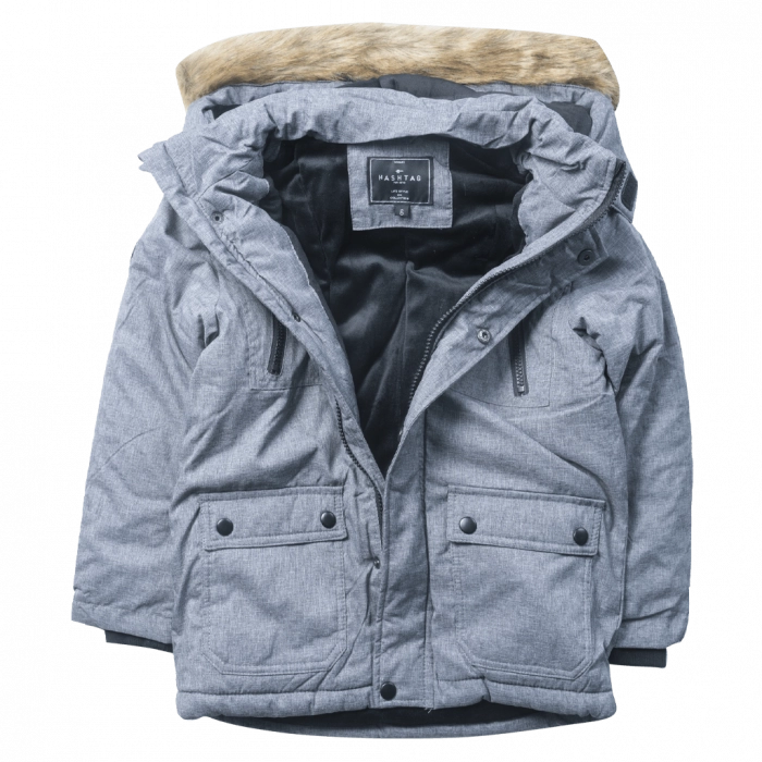 Παιδικό μπουφάν Hashatag για αγόρια Greyhood γκρι ζεστό άνετο καθημερινό σχολείο χειμωνιάτικο κουκούλα (1)