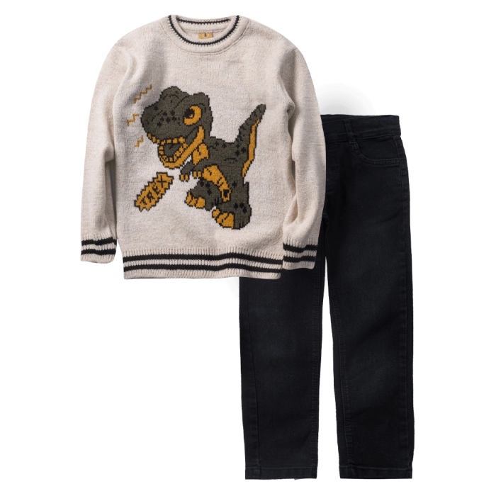 Παιδικό σετ για αγόρια T-rex roar μπεζ αγορίστικα σετάκια με πουλόβερ casual ετών