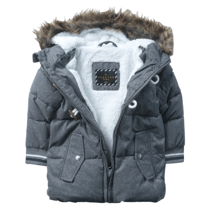 Παιδικό μπουφάν parka Hashtag για αγόρια winter cool ανθρακί χειμερινά μπουφάν με γούνα κουκούλα ετών
