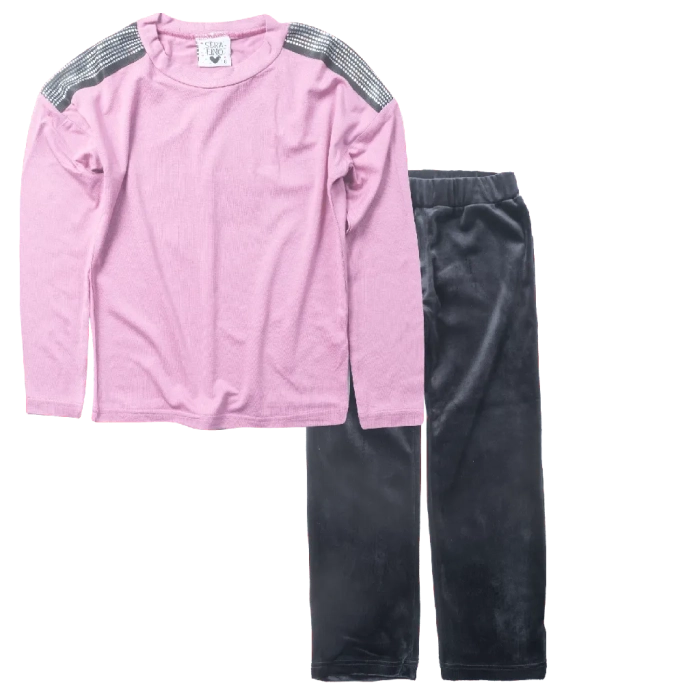 Παιδική μπλούζα Serafino για κορίτσια Pop One ροζ  online casual σχολείο βόλτα ανοιξιάτικη φθινοπωρινή άνετη σχολείο ετών  (1) | Παιδικό παντελόνι Serafino για κορίτσια Daffodil μαύρο βελούδινο χειμωνιάτικο άνετο ζεστό καθημερινό βόλτα  ετών online (1) 
