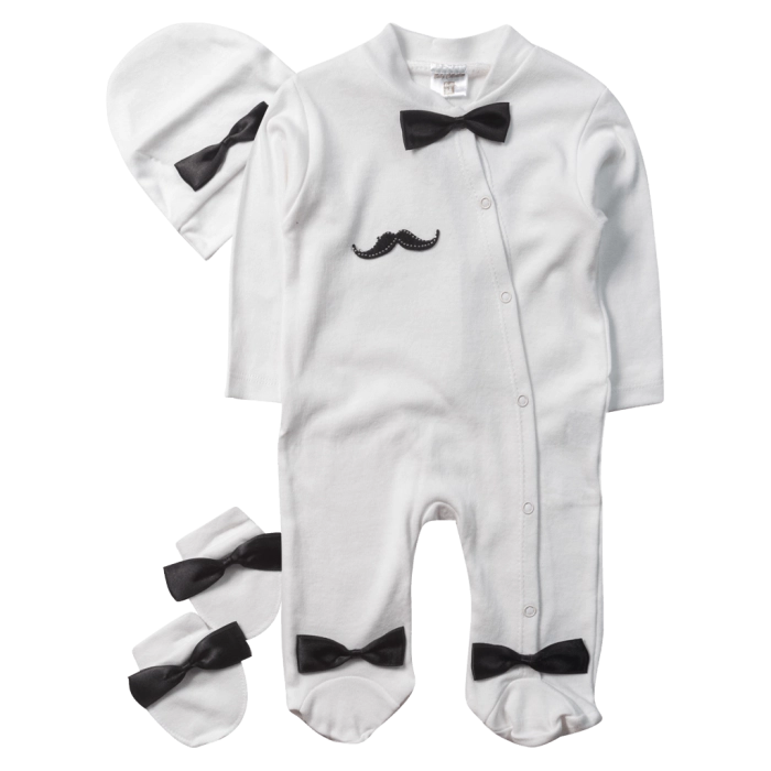 Βρεφικό φορμάκι για αγόρια Mr mustache άσπρο για μωράκια κορμάκια με στρας μουστάκι μηνών