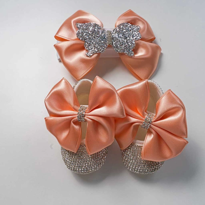Bρεφικό σετ δωρου παπούτσια και κορδέλα για κορίτσια Butterfly σομόν πριγκιπικό δώρό για βαπτιση μηνών online (2)