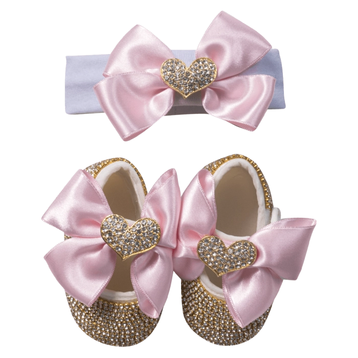 Bρεφικό σετ δωρου παπούτσια και κορδέλα για κορίτσια PinkHearts ροζ πριγκιπικό δώρό για βαπτιση μηνών online (6)