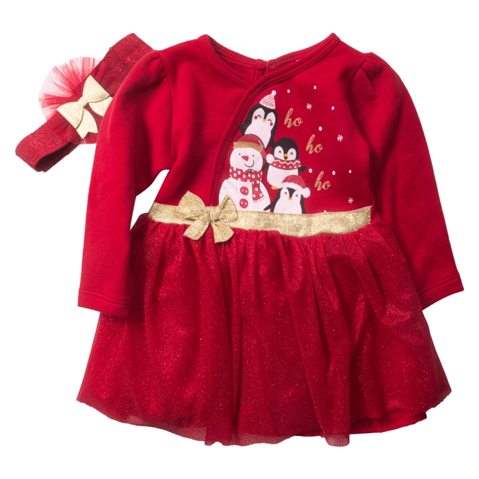 Βρεφικό χριστουγεννιάτικο φόρεμα Snow Pinguin για κορίτσια κόκκινο τούλι γιορτινό κορδέλα φανταχτερό μηνών online (1)