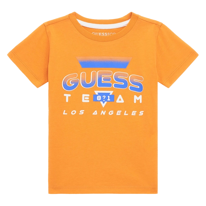 Παιδική μπλούζα GUESS για αγόρια Team 81 πορτοκαλί επώνυμη καλοκαιρινή βαμβακερή καθημερινή άνετη ετών online (2)