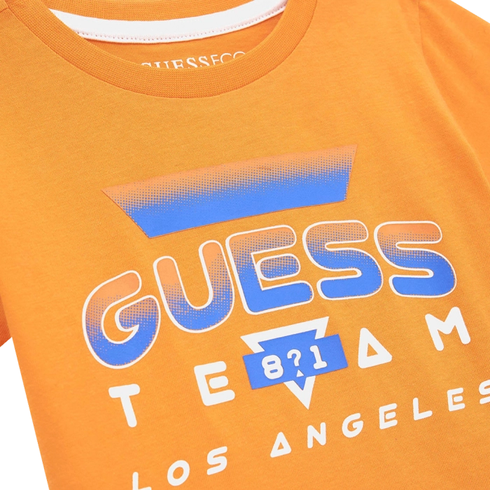 Παιδική μπλούζα GUESS για αγόρια Team 81 πορτοκαλί επώνυμη καλοκαιρινή βαμβακερή καθημερινή άνετη ετών online (1)