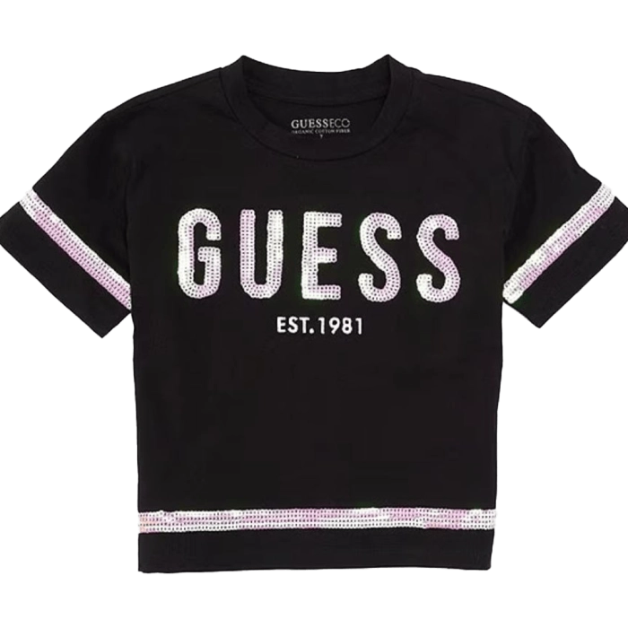 Παιδική μπλούζα Guess για κορίτσια Tristies μαύρο επώνυμη καλοκαιρινή βαμβακερή παγιέτες ετών crop online (2)