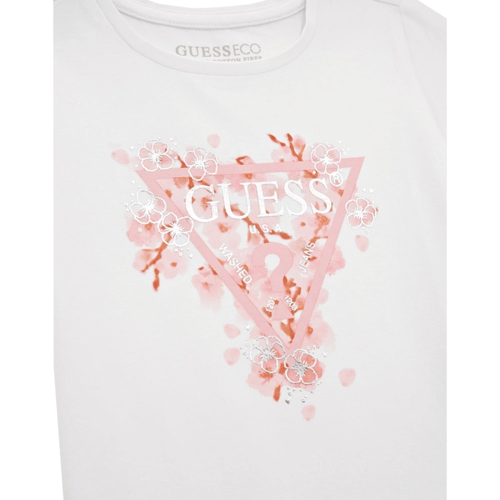 Παιδική  μπλούζα GUESS για κορίτσια Blossom άσπρο επώνυμο καλοκαιρινό βαμβακερό καθημερινό ετών online (1)