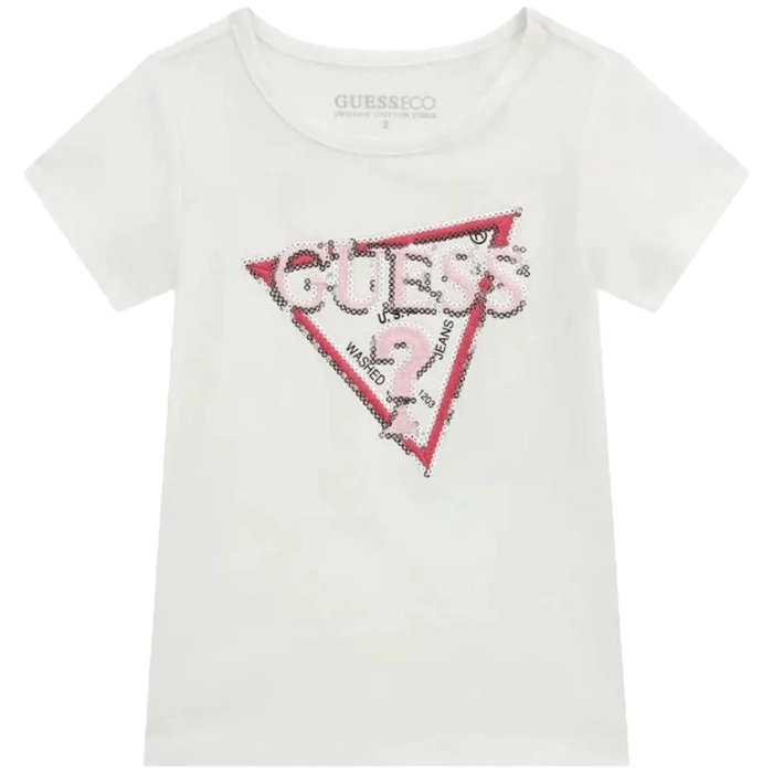 Παιδική μπλούζα Guess για κορίτσια Knitty άσπρο επώνυμη οικονομική βαμβακερή καλοκαιρινή ετών Online  (1)