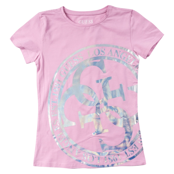 Παιδική μπλούζα Guess για κορίτσια LA holo ροζ καλοκαιρινά ετων επώνυμα online (1)