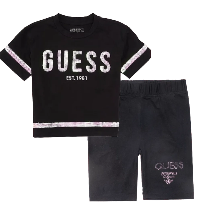Παιδική μπλούζα Guess για κορίτσια Tristies μαύρο επώνυμη καλοκαιρινή βαμβακερή παγιέτες ετών crop online (2) | Παιδικό ποδηλατικό κολάν Guess για κορίτσια BHills μαύρο κοριτσίστικα online (1) 