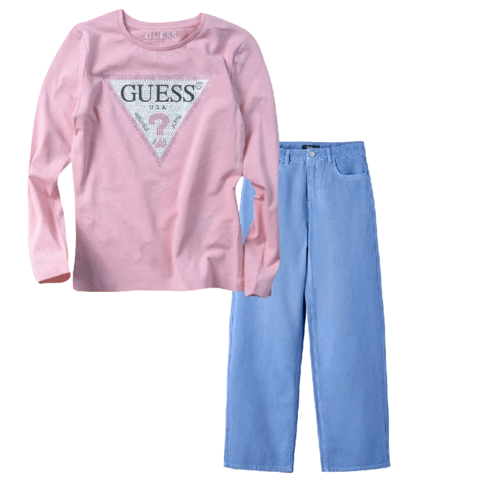Παιδική μπλούζα GUESS για κορίτσια Strassy ροζ επώνυμη καθημερινή βόλτα σχολείο άνετο ανοιξιάτικη φθινοπωρινή ετών online  (1) | Παιδικό παντελόνι Name It για κορίτσια Like girl μπλε καθημερινά εποχιακά ετών επώνυμα online (1) 