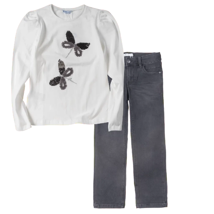 Παιδική μπλούζα Mayoral για κορίτσια Butterflies άσπρο λεπτές μπλούζες κοριτσίστικες μακρυμάνικες επώνυμες (1) | Παιδικό παντελόνι Name It για αγόρια Slim Jean μαύρο καθημερινό εποχιακό τζιν για αγοράκια ετών online2 