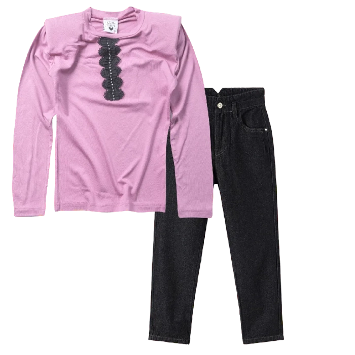 Παιδική μπλούζα Serafino για κορίτσια Salem ροζ online casual λεπτή ανοιξιάτικη φθινοπωρινή άνετη βόλτα ετών (1) | Παιδικό παντελόνι name it για κορίσια Buggy3 μαύρο τζιν μοντέρνο κοριτστίκα παντελόνια ετών παιδικά online (2) 