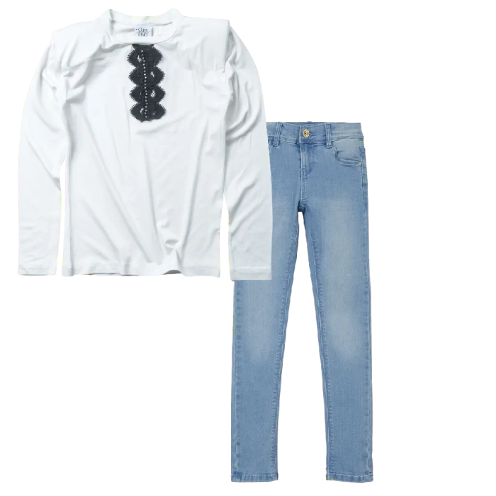 Παιδική μπλούζα Serafino για κορίτσια Salem άσπρο λεπτή άνετη φθινοπωρινή ανοιξιάτικη ετών casual online (1) | Παιδικό παντελόνι Name it για κορίτσια Youdo μπλε καθημερινά ετών εποχιακά επώνυμα online (1) 