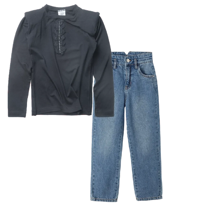 Παιδική μπλούζα Serafino για κορίτσια Salem μαύρο λεπτή βόλτα ανοιξιάτικη φθινοπωρινή άνετη ετών online casual (1) | Παιδικό παντελόνι τζιν name it για κορίτσια buggy3 μπλε jean κοριτσίστικα φαρδυά καμπάνα μπάγκι 