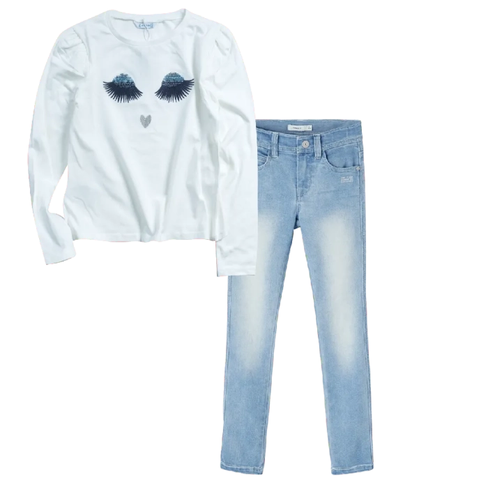 Παιδική μπλούζα Mayoral για κορίτσια BlueEyes άσπρο εποχιακή επώνυμη λεπτή μοντέρνα ετών Online (1) | Παιδικό παντελόνι Name It για αγόρια Boss μπλε εποχιακά καθημερινά ετών επώνυμα online (2) 