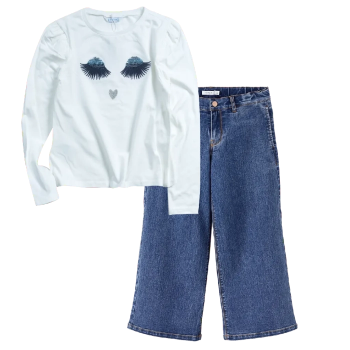 Παιδική μπλούζα Mayoral για κορίτσια BlueEyes άσπρο εποχιακή επώνυμη λεπτή μοντέρνα ετών Online (1) | Παιδικό παντελόνι τζιν name it για κορίτσια buggy2 μπλε jean κοριτσίστικα φαρδυά καμπάνα μπάγκι 