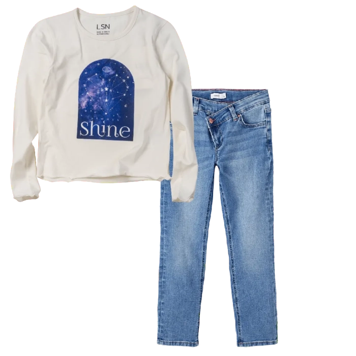 Παιδική μπλούζα Losan για κορίτσια Shine άσπρο καθημερινή άνετη εποχιακή επώνυμη ετών online (1) | Παιδικό παντελόνι τζιν name it asterisk μπλε jean μοντέρνα ξεβαμμένα φαρδυά καμπάνα μπάγκι 