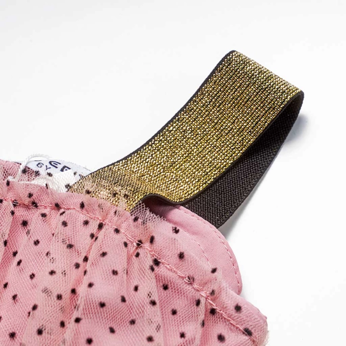 Παιδικό φόρεμα Εβίτα για κορίτσια  Idele ροζ  μοντέρνο βολάν βόλτα χρυσή ζακέτα πουά καλοκαιρινό αέρινο ετών casual online (13)