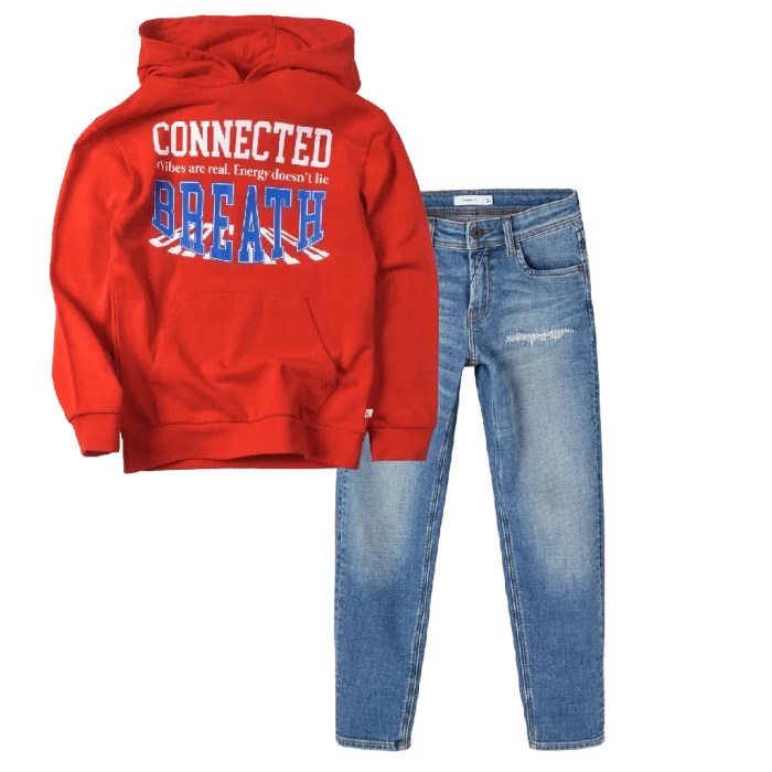 Παιδική μπλούζα Losan για αγόρια Breath κόκκινο καθημερινές φούτερ ετών χειμερινές επώνυμες με κουκούλα online (1) | Παιδικό παντελόνι Name It για αγόρια Like μπλέ τζιν καθημερινά εποχιακά ετών επώνυμα online (1) 