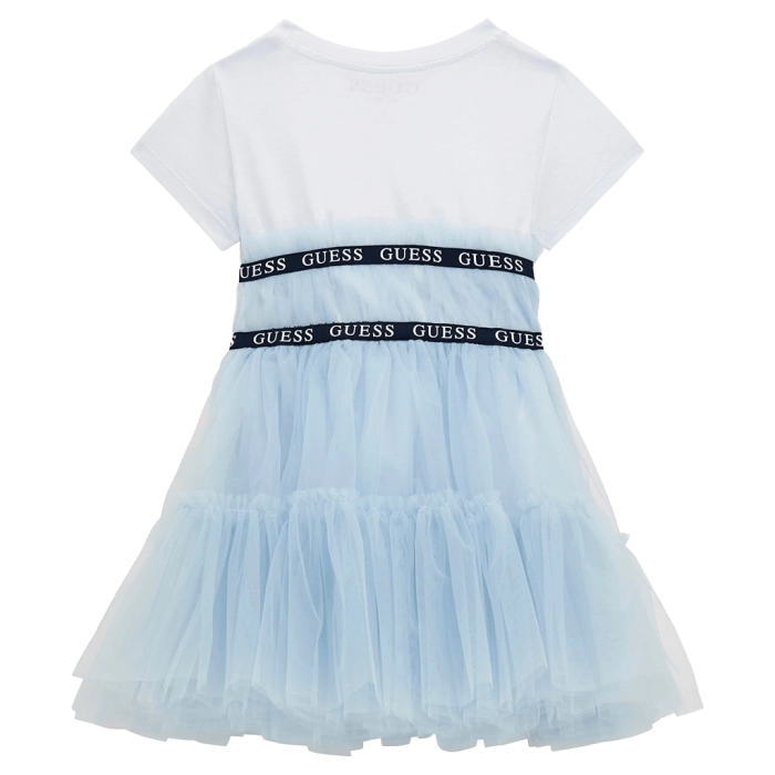 Παιδικό φόρεμα Guess για κορίτσια SkyView γαλάζιο μοντέρνο επώνυμο για καλό