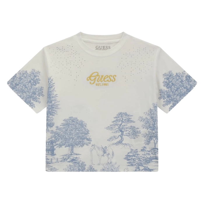 Παιδική μπλούζα GUESS για κορίτσια Bonsai άσπρο καθημερινή ελάστική κοντή επώνυμη μακό ετών crop online (2)