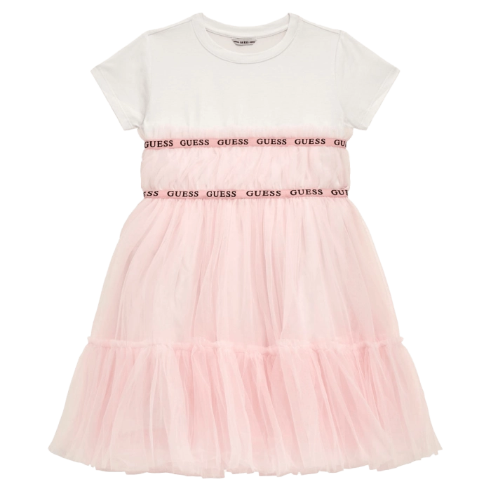 Παιδικό φόρεμα Guess για κορίτσια SkyPink ροζ μοντέρνο επώνυμο με τούλι για καλό ετών online (2)