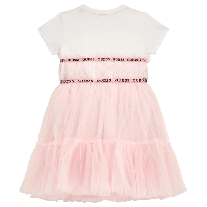 Παιδικό φόρεμα Guess για κορίτσια SkyPink ροζ μοντέρνο επώνυμο με τούλι για καλό ετών online (1)