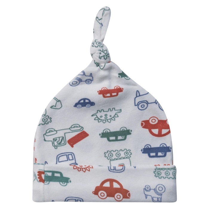 Βρεφικός σκούφος για αγόρια little cars άσπρο βρεφικά σκουφάκια βαμβακερά για το κεφάλι μηνών νεογέννητα