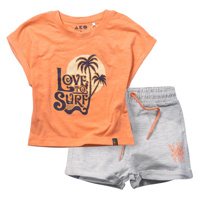 Παιδικό σετ AKO love to surf πορτοκαλί καλοκαιρινά σετ με σορτσάκι κοντομάνικα μακό μοντέρνα ετών